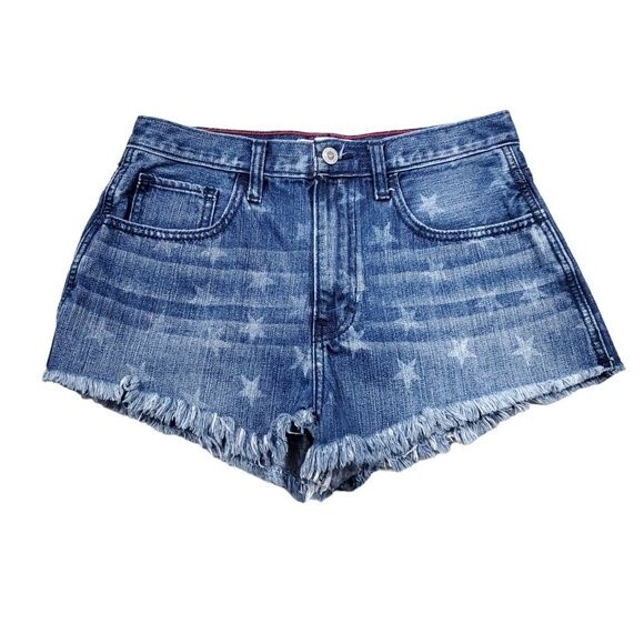 Hollister Star Print Raw Hem High Rise Denim Jean Shorts Size 5 27 Frayed Cutoff - Picture 1 of 11